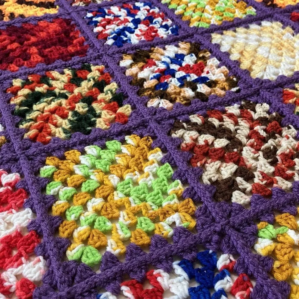 Vtg Granny Square Handmade Crochet Afghan Blanket Multicolor 51x60 Fringe